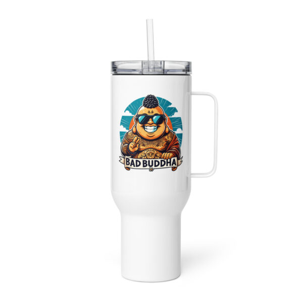Caffeinate & Elevate with Bad Buddha Travel mug with a handle