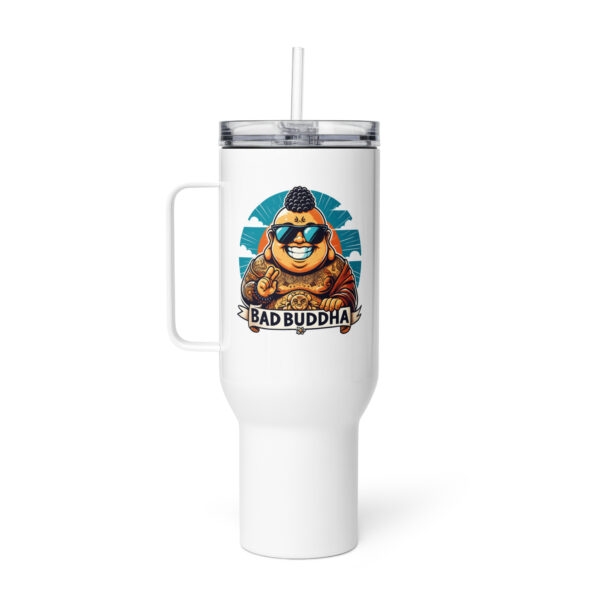 Caffeinate & Elevate with Bad Buddha Travel mug with a handle